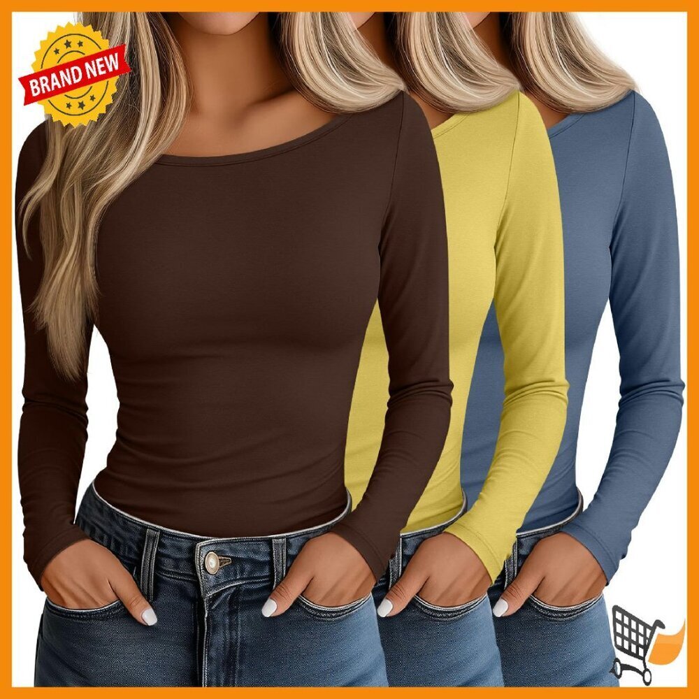 Slim Fit Long Sleeve Boat Neck Tees, 3-Pack Basic Tops, Y2K Style
